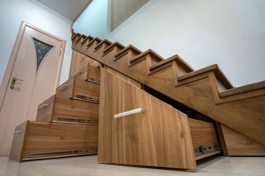 custom wood stair with drawers